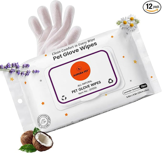 Aurora Pet Glove Wipes for Dogs & Cats, Wearable No-Rinse Grooming Glove Wipes for Paws, Face, Ears & Body, Hypoallergenic Disposable Pet Cleaning Wipes, Lavender Scented, 12 Count