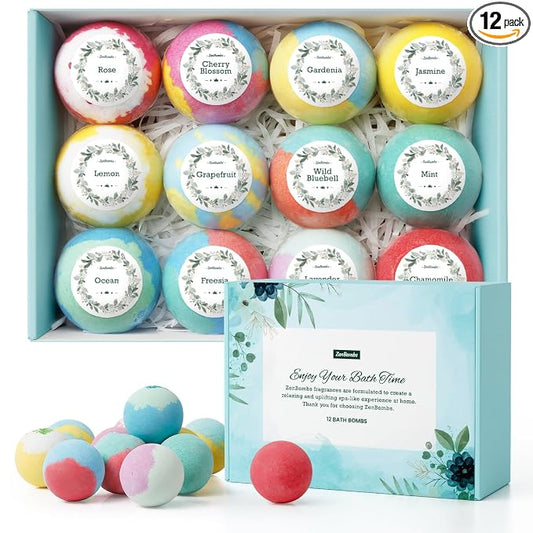 ZenBombs Bath Bombs for Women, 12pcs Handmade Natural Bath Bomb, Stocking Stuffers, Mothers Day Presents for Mom, Bath Bomb with Shea Butter, White Elephant, Valentines Day Presents for Her and Him