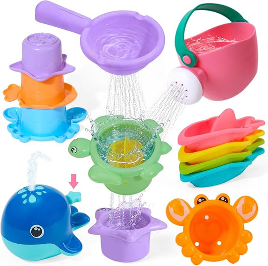 11 PCS Baby Bath Toys for Kids Ages 1-3, Open Design Easy-Clean Bathtub Pool Water Table Toys for Toddlers and Babies, Whale Sprayer, Stacking Cups & Watering Can Gifts for Boys & Girls
