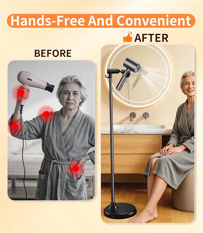 Hair Dryer Stand Hands Free, 360° Rotation Black | Anti-Slip Stable Base, Aluminum Alloy, Adjustable Height 17-51 Inch, For Families & Pet Grooming & Salon