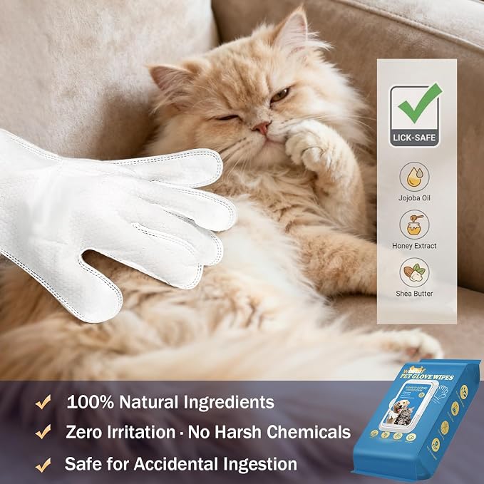Pet Glove Wipes, Disposable Grooming Mitts for Dogs and Cats, Waterless Bath, Lick-Safe, with Jojoba Oil, Honey Extract and Shea Butter, 20 Count (Extra Thick, 20 Count-Glove Wipes)