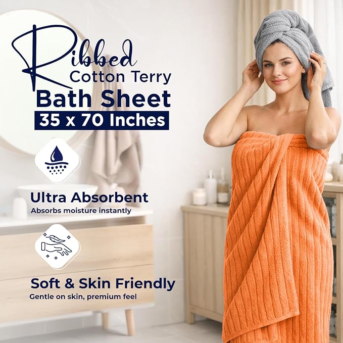 DAN RIVER Pack of 2 Bath Sheet 35x70 Inches, Soft Ribbed Fluffy Bath Sheets Towels for Adults, Quick Dry Shower Towels - Orange