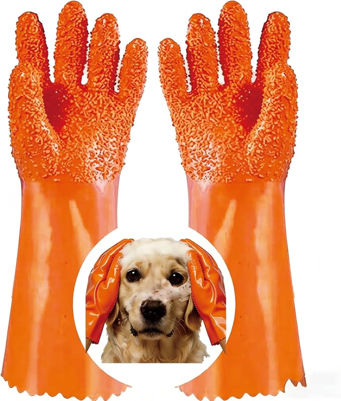 YOFANG 14" Long Pet Grooming Gloves for Washing & Hair Removal,Waterproof Rubber Cat Bite-Proof Brush Gloves,Dog Bath Glove with Soft 3500+ Particles Massage,Orange