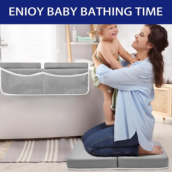 Baby Bath Kneeler and Elbow Rest Pad Set, Memory Foam Cushion with Toy Storage Organizer, Comfortable Bathtub Mat for Bathing Infant Support Non Slip Bath Time Essentials