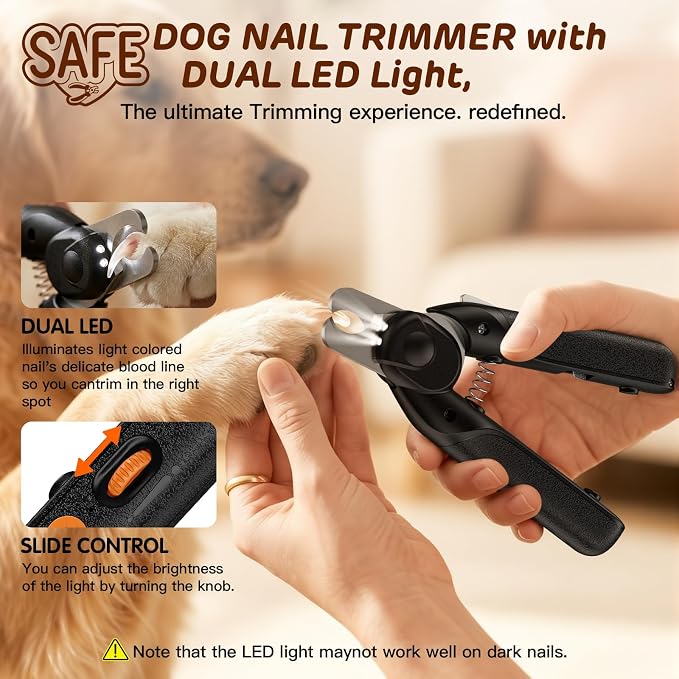 Dog Nail Clippers & Cat Nail Clipper, Pet Nail Trimmer with 2 LED Lights,Safety Side Lock, Nail File and Anti-Slip Handles, Dog Nail Grinder Quiet for Large and Medium Dogs & Cats