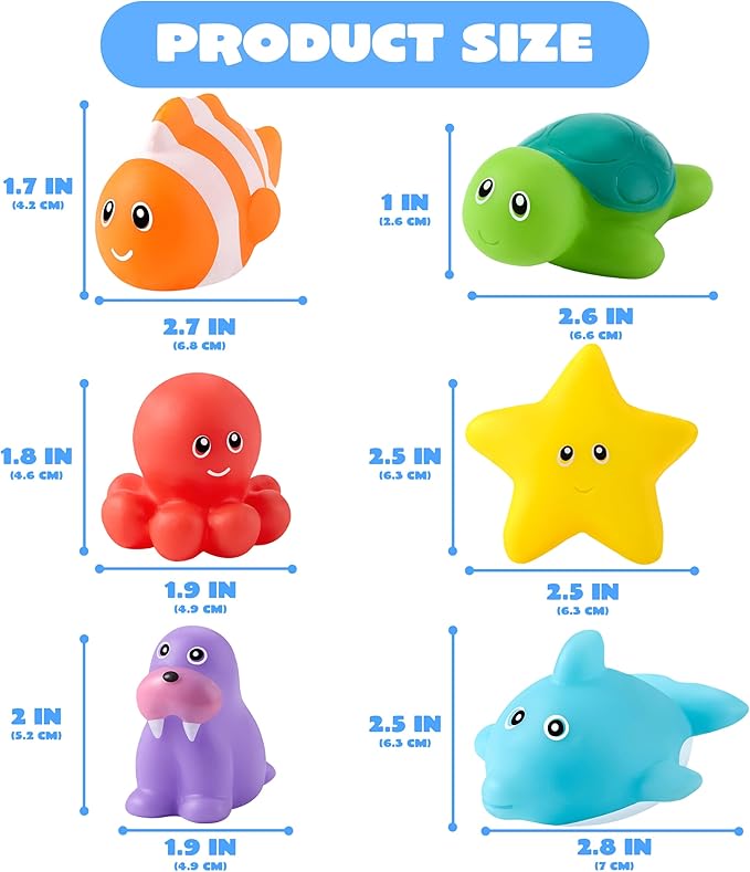 JOYIN 6 Pcs Sea Animal Bath Toys, Sealed & No-Hole & Mold Free Bathtub Toys for Kids, Non-Toxic & Soft Water Vehicles Toys for Boys and Girls, Squeezable & Float on Water, Ideal for Bath & Pool Time