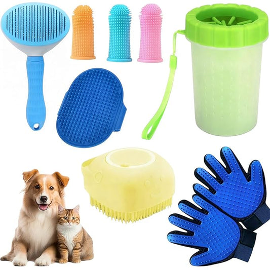 9PC Dog Grooming Kit – Paw Cleaner, Dog Shampoo Brush, Bath & Scrubber Brush, Hair Removal Gloves, Finger Toothbrushes | Complete pet Bath & Deshedding Tools for Shedding & Cleaning