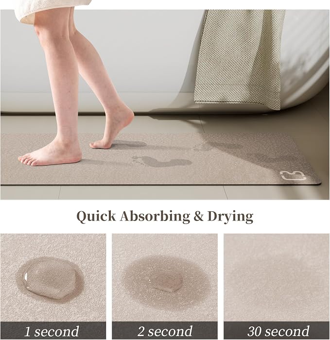 RUERYA Diatomaceous Earth Bath Mat Super Absorbent Non Slip Fast Drying Shower Rug Stone Bath Mat for Bathroom Thin Bathroom Floor Mats Fit Under Door, Machine Washable, 17" x 27.5", Taupe