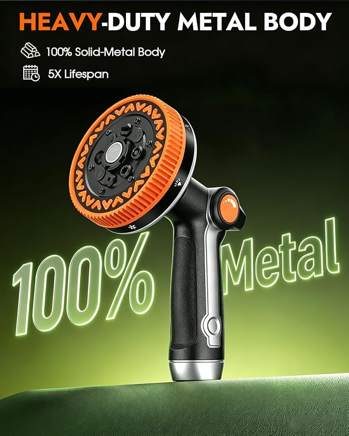 Insoma Full Metal Garden Hose Nozzle, Heavy Duty Water Hose Sprayer 8 Spray Patterns with Thumb Flow Control, Ergonomic Grip, Gentle Mist for Plants, Water-Saving, for Watering, Washing & Pets