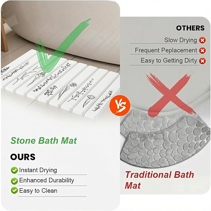 Foldable Stone Bath Mat Large - 32x20 Inch, Quick Dry Super Absorbent Extra Large Bath Mats for Bathroom, Non-Slip Diatomaceous Stone Drying Mats for Kitchen Counter & Bathtub (Black Floral Decor)