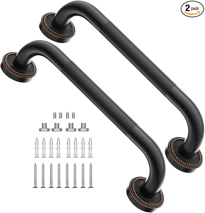 2 Pack 12 Inch Anti Slip Shower Grab Bar Oil Rubbed Black Bronze, ZUEXT Antique Brass Bathroom Grab Bar, Knurled Bath Balance Bar, Safety Handrail Support, Handicap Elderly Senior Assist Bath Handle