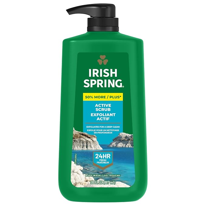 Irish Spring Active Scrub Exfoliating Body Wash for Men, 24-Hour Fresh, Biodegradable Ingredients, Paraben Free, Cool Fresh Scent, 30 fl oz Pump Bottle (Pack of 4)