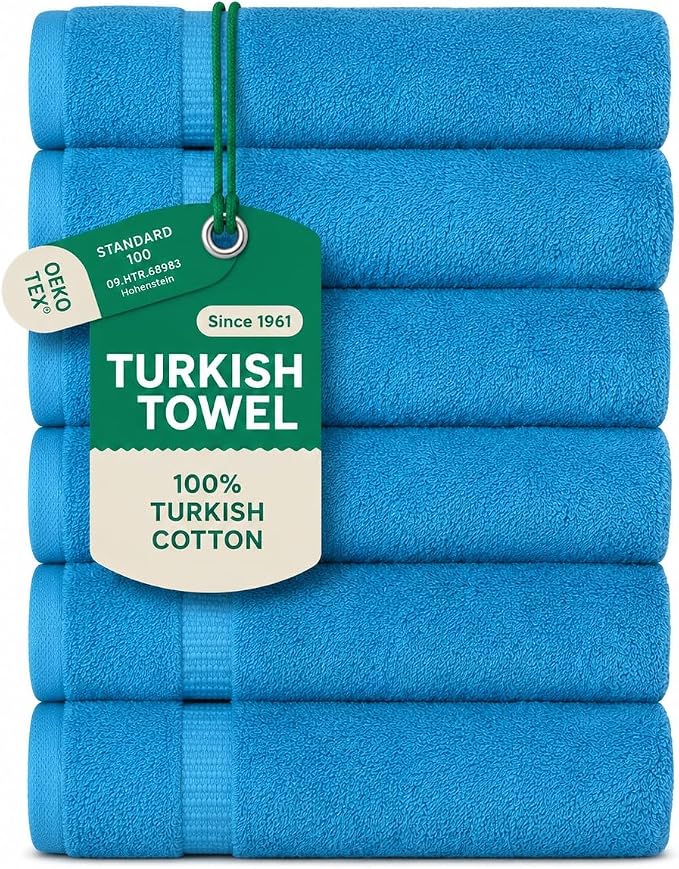 SALBAKOS 100% Turkish Cotton Hand Towel Set of 6 16x30 inch | Heirloom Quality | Hotel & Spa Collection | Ultra Soft, Super Absorbent, Long Lasting Hand Towels | Made in Turkey (Aqua, 6 Hand Towels)