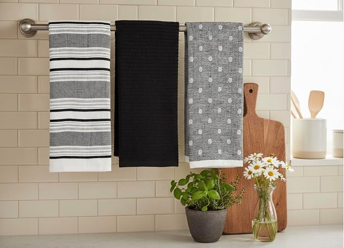 Black White Kitchen Hand Dish Towels: Oversized 28" x 16",100% Cotton Cloth Soft Cleaning Drying Absorbent Striped Solid Polka Dot Design, Set of 3 Multipurpose for Everyday Use (Black Austin)
