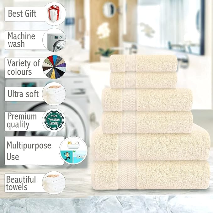 Luxury Bath Towels Set-100% Cotton- 2 Bath, 2 Hand & 2 Washcloths- Large, Thick, Fluffy, Absorbent, Quick Dry, Soft, Plush -Gift, Pool, Hotel, Gym Towel -6 Piece Luxury Bathroom Towels - Cream / Ivory