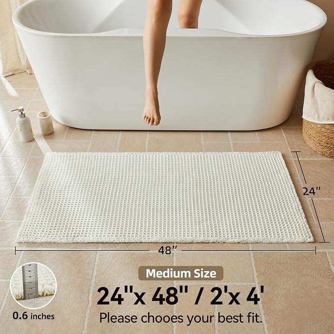 Triohero Waffle Bath Mat, Boho Bathroom Rugs Non Slip Washable, Ultra Soft Super Absorbent Quick Dry Farmhouse Bathroom Decor, 24" x 48", Cream White