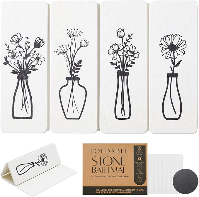 Foldable Stone Bath Mat - 24x16 Inch, Diatomaceous Earth Fast Absorbent Large Black and White Floral Farmhouse Stone Bath Mats for Bathroom Decor Quick Dry Non-Slip Shower & Bathtub & Drying Mat
