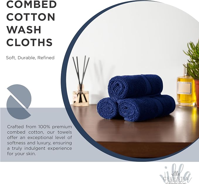 Cotton Washcloths Set of 12, 12x12 Inch, 100% Ring-Spun Combed Cotton, Soft Absorbent Quick-Dry Wash Cloths for Face and Body, Oeko-TEX Certified, Hotel & Spa Quality, Navy Blue