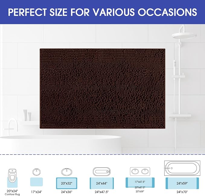 ACCUMTEK Striped Brown Bathroom Rug Mat 59"x20" Ultra Soft, Non Slip Chenille Bath Rugs, Absorbent Plush Shaggy Bath Mats for Bathroom, Bedroom, Kitchen, Shower, Tub