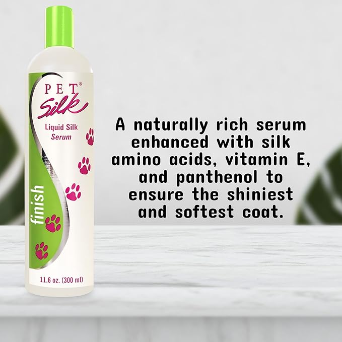 PET SILK Liquid Silk Serum, Leave-in Finishing Spray Conditioner & Detangler, Inused with Silk, Vitmain E & Panthenol Designed for a Shiny, Healthy & Moisturized Skin & Coat (11.6oz)