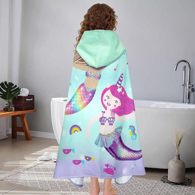 VOOVA & MOVAS Mermaid Hooded Beach Towel for Teens & Big Kids 8Years Up, Soft Absorbent 100% Cotton Thick Towel Wrap for Girls, Beach Pool Swim Bath Cover-Up
