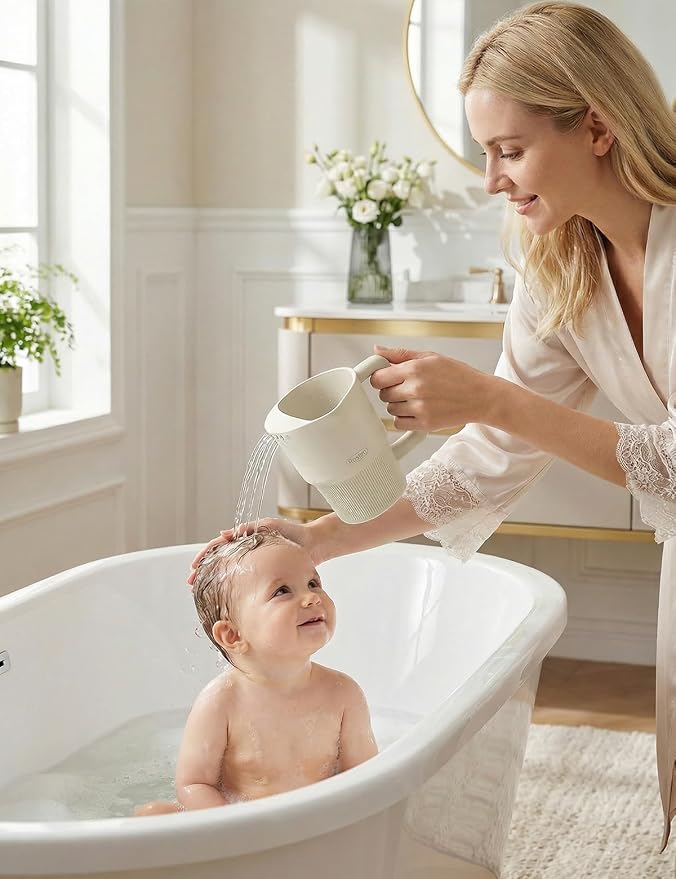 Roslim Silicone Baby Bath Rinse Cup, Shampoo & Body Rinser with Easy-Grip Handle for Rinsing Hair and Body Washing, Lightweight, Non-Toxic for Babies, Toddlers, Kids (White)