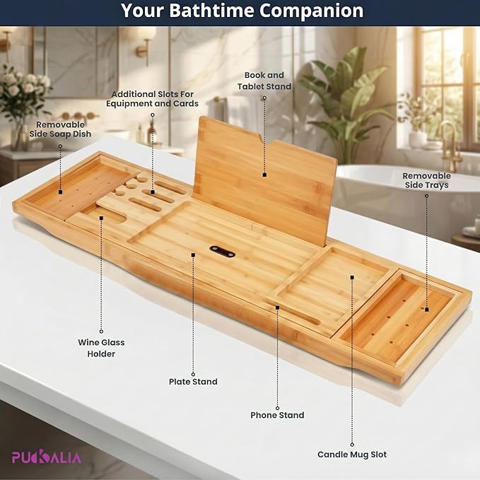 Bath Tray for Tub and Ergonomic Pillow Premium - Caddy Expandable 29 to 42.5 Inch -Foldable Bamboo Wood Tub Organizer - Luxury Bathtub Tray Wood Bamboo