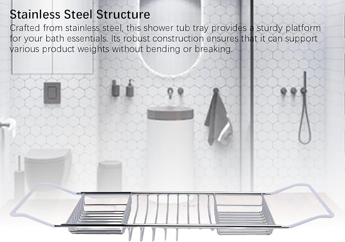 POCREATION Stainless Steel Bathtub Caddy Tray, Expandable 63.5 to 97.5cm / 25 to 38.4in, Modern Bath Organizer (Silver)