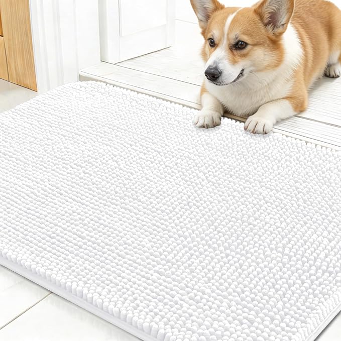 OLANLY Dog Door Mat for Muddy Paws 30x17, Absorbs Moisture and Dirt, Absorbent Non-Slip Washable Doormat, Quick Dry Chenille Mud Mat for Dogs, Entry Indoor Entryway Carpet for Inside Floor, White