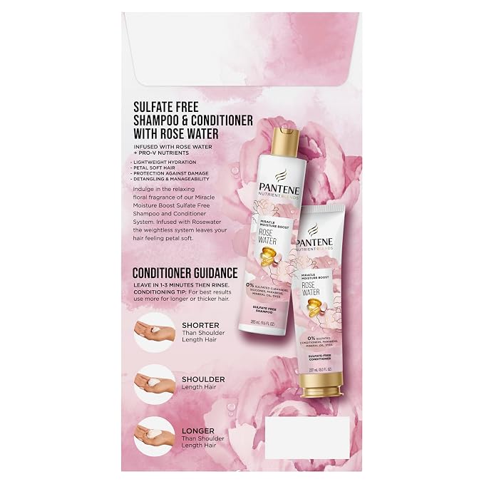 Pantene Nutrient Blends Miracle Moisture Boost Rose Water Shampoo & Conditioner Dual Pack for Dry Hair, Sulfate Free (Pack of 4)