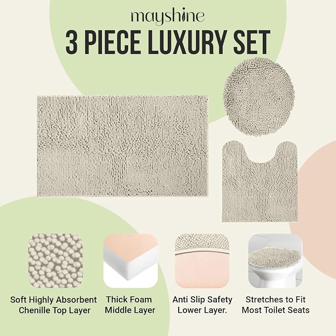 Standard 3pc Set Chenille Bath Mats, Includes 21"x24" U-Shaped Contour Toilet Rug, 21"x34" Inches Bathmat and 1 Toilet Lid Cover, Plush Absorbent Bath Mats Quick Dry, Wax White