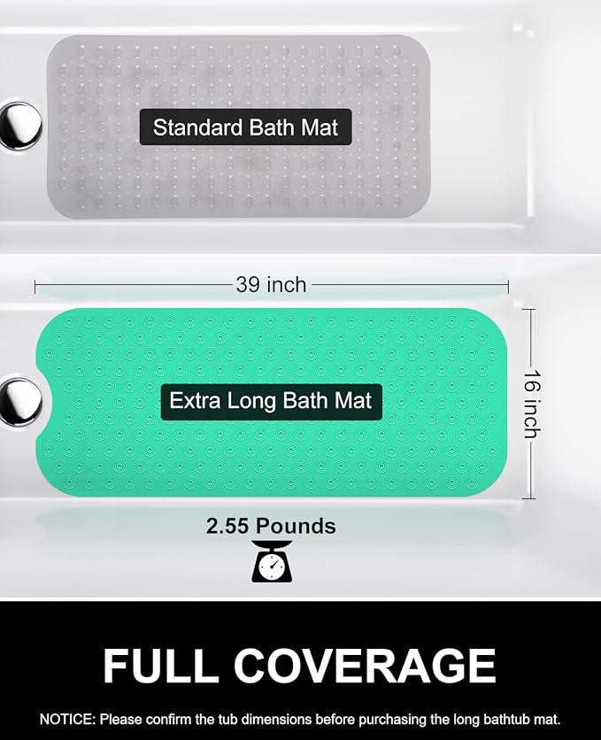 OTHWAY Bathtub Mat Non Slip, 39X16 inch Bath Mat for Tub, Machine Washable Bath Tub Mats with Reverse Suction Cups, Comfortable Rubber Bathtub Mat for Bathroom (Light Green)