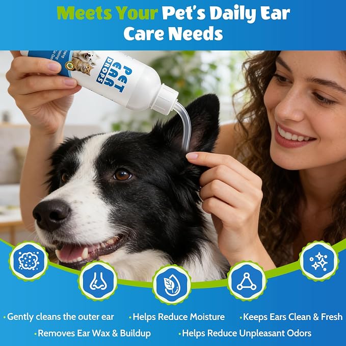 Dog Ear Cleaner with 50 Dry Finger Wipes – Plant-Based Gentle Ear Solution for Dogs & Cats, Helps Remove Wax & Odor, Comfortable Cleaning for Sensitive Ears, 4.06 fl oz