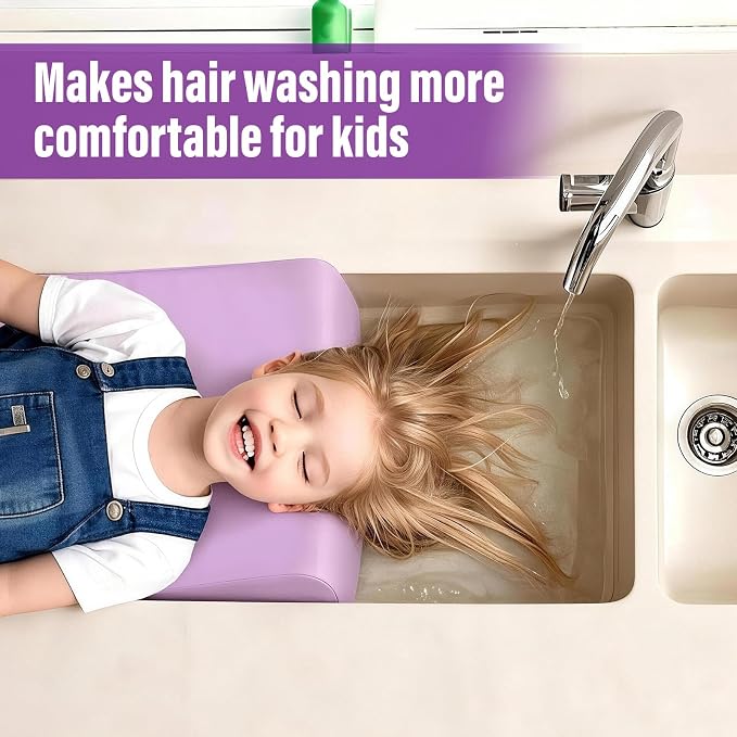 Wibeelee Hair Washing Station for Kids Waterproof Shampoo Foam Mat with Ergonomic Design Non Slip Bath Pillow Sink Soft Neck Support for Easy Hair Wash(Purple)