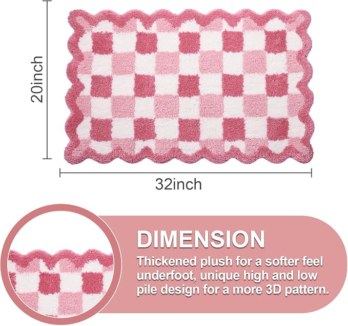 ORTIGIA Cute Pink Checkered Scalloped Bath Mat, Fun Plush Microfiber Bathroom Rugs Non Slip Washable Quick Dry Absorbent, Bath Rug Carpet for Shower Stall Vanities Kitchen Floor Entrance, 20x32