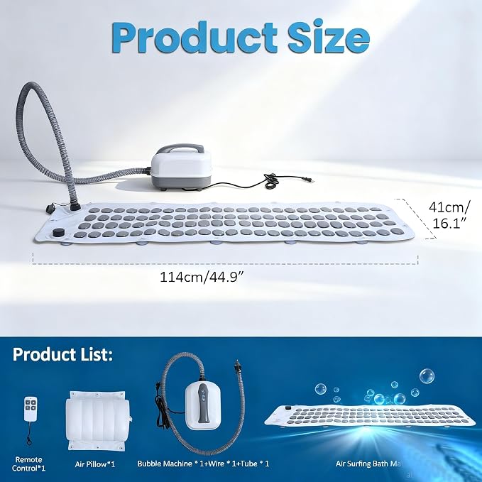 6 Levels Adjustable Portable Spa Bubble Bath Mat | Full Body Spa Bubbling Bath Non-Slip Mat with Remote & Pillow | Electric Air Pump & Bathtub Bubble Machine Bubble Bath Mat