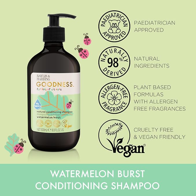 Baylis & Harding Goodness Kids Watermelon Burst No Tears Natural Conditioning Shampoo 16.9 fl. oz (Pack of 3) - Biodegradable Formula - Vegan Friendly