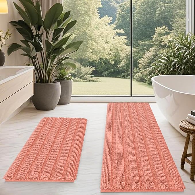 ACCUMTEK Striped Coral Bathroom Rug Mat Set 2 piece 32"x20"+60"x20" Ultra Soft, Non Slip Chenille Bath Rugs, Absorbent Plush Shaggy Bath Mats for Bathroom, Bedroom, Kitchen, Shower, Tub