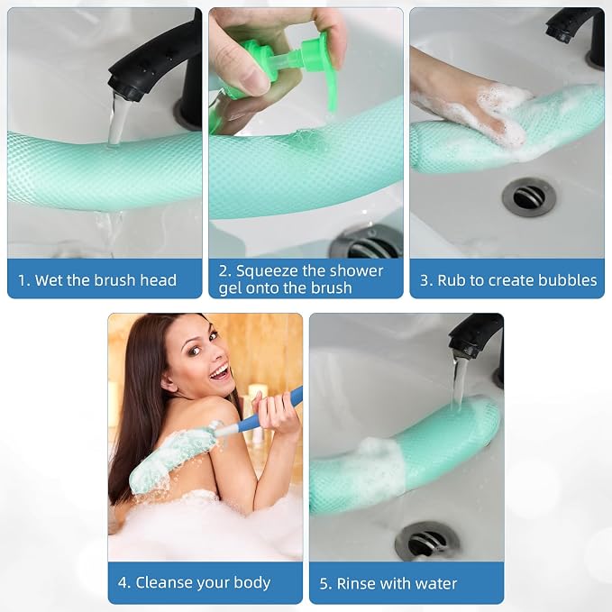 15.35" Back Bath Brush with Sponge,Back Scrubber Bath Mesh with Curved Long Handle Bath Body Brush for Elderly Aid Bathing and Shower
