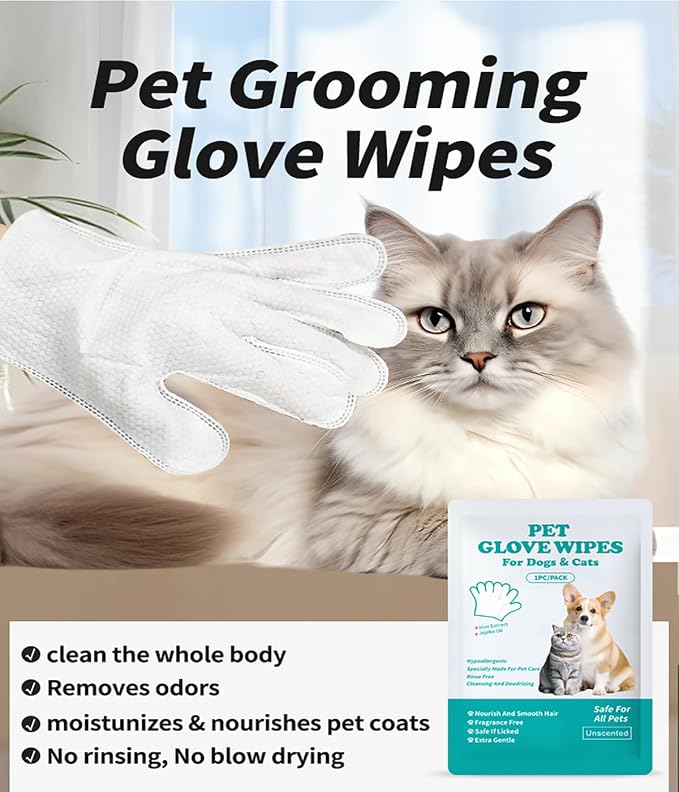 AQUASAFE Pet Glove Wipes - No-Rinse Dog Grooming Wipes & Cat Bath Gloves | Unscented Hypoallergenic Dog Wipes, [6] Ct