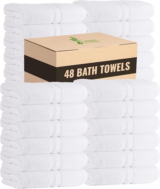 GREEN LIFESTYLE Bath Towels 24" x 50" 48 Pack - White Large Bath Towels, Soft Absorbent Thick Towels for Hotel, Spa, Gym and Bathroom Use, Cotton Blend Bulk Towel Set