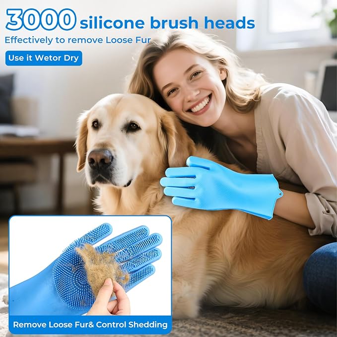 3PCS Pet grooming kit ,Pet hair removal glove | Dog Bath Brush | Pet Grooming Glovesc, Newly Upgraded Reusable Electrostatic Pet Hair Gloves & dog bath gloves for dog grooming & pet hair cleaning