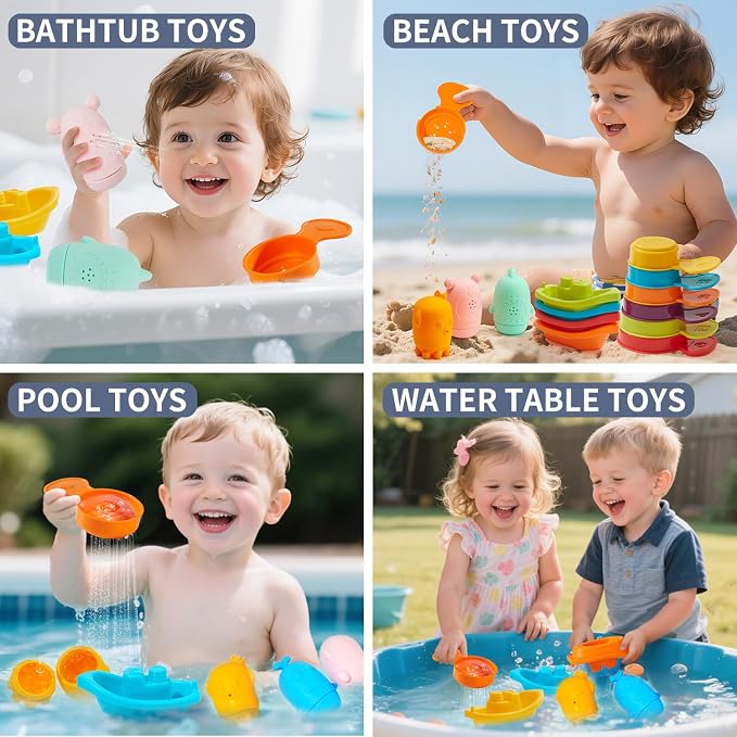 Baby Bath Toys for Kids, 15 PCS Mold Free Toddler Bath Toys Pool Water Table Toys Rainbow Color Floating Boats, Spoons & Sensory Silicone Bath Toys, Bathtub Water Toys for Toddlers 1-3 and Babies
