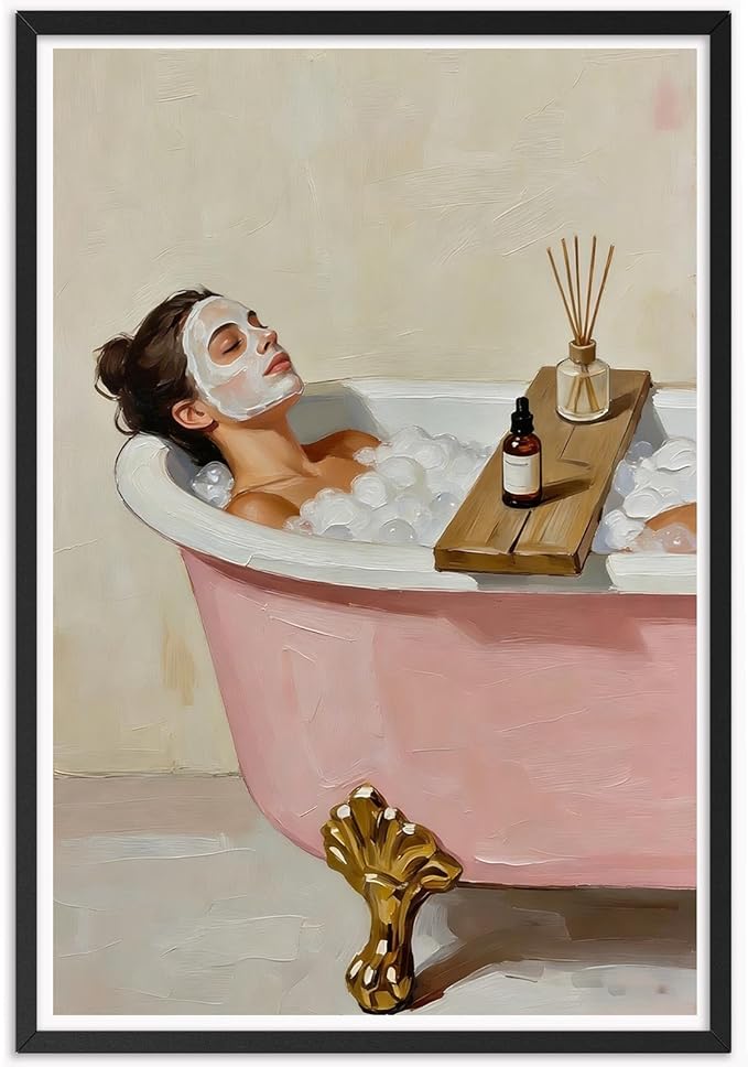 Relaxing Spa Bath Wall Art Woman with Face Mask in Pink Clawfoot Tub Poster Modern Bathroom Oil Painting Print Aesthetic Wall Decor for Powder Room Apartment 16X24 in Wrapped Framed