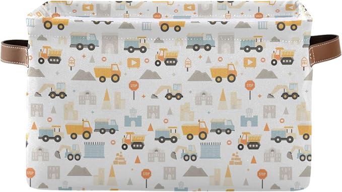 Wamika Excavator Truck Storage Basket Fabric Kitchen Baskets Cars Boys Open Home Storage Bins Boxes Foldable Organizer Bag for Baby Cloth Book Shelf Closet Baskets 16×12×8 Inches