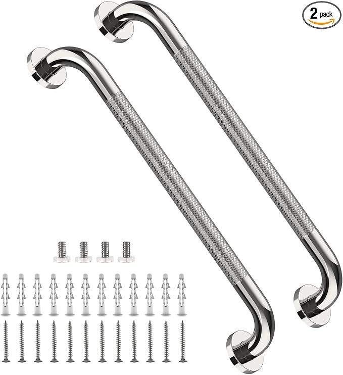 2 Pack 24 Inch Anti Slip Shower Grab Bar Handles, ZUEXT Chrome Stainless Steel Knurled Bathroom Balance Bar, Safety Hand Rail Support,Handicap Elderly Injury Senior Assist Bath Handle(1.25" Diameter)