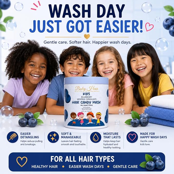 BABY HAIR Kids Blueberry Mineral Hair Candy Mask | Deep Conditioning Hair Mask for Kids | Moisturizes, Softens & Helps Detangle | Sulfate Free | 10 fl oz