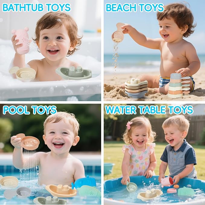 Baby Bath Toys for Kids Ages 1-3, 15PCS Mold Free Bath Toys Toddlers 2-4, Bathtub Pool Water Table Toys, Silicone Bath Toy and Floating Boats & Stacking Spoons for Babies 6-12 Months