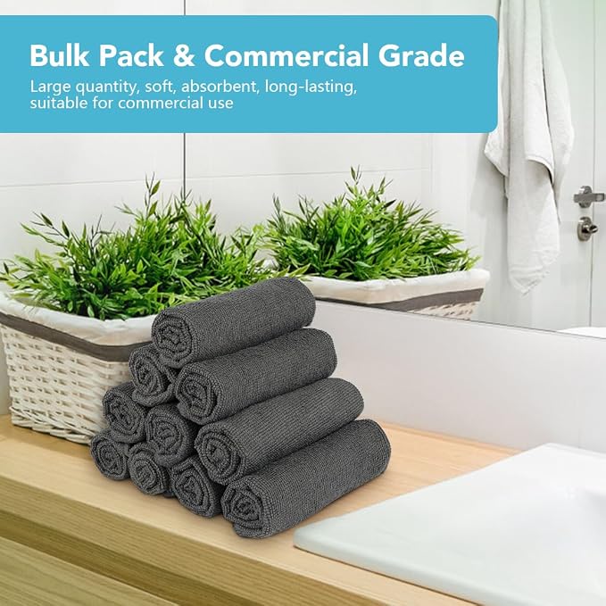 Orighty Washcloths Bulk, 200 Pack Highly Absorbent & Soft Feel Microfiber Face Towels, Multi-Purpose Wash Cloths & Hand Towels for Bathroom, Hotel, Spa, and Gym, 12x12 Inch, Grey