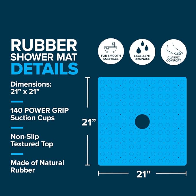SlipX Solutions Square Natural Rubber Shower Stall Mat, 21” x 21”, Mildew Resistant, Non Slip Safety, Antimicrobial Product Protection, 140 Power Grip Suction Cups, Center Drain Hole, White